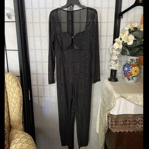 Shein Blk Glitter Stretch Sheer Jump/Catsuit Wom 12/XL Bustline Stay+Underwire